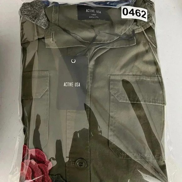 Active USA NWT Lg Hooded Utility Jacket Floral Patch Military Army Green Shacket - Picture 16 of 16